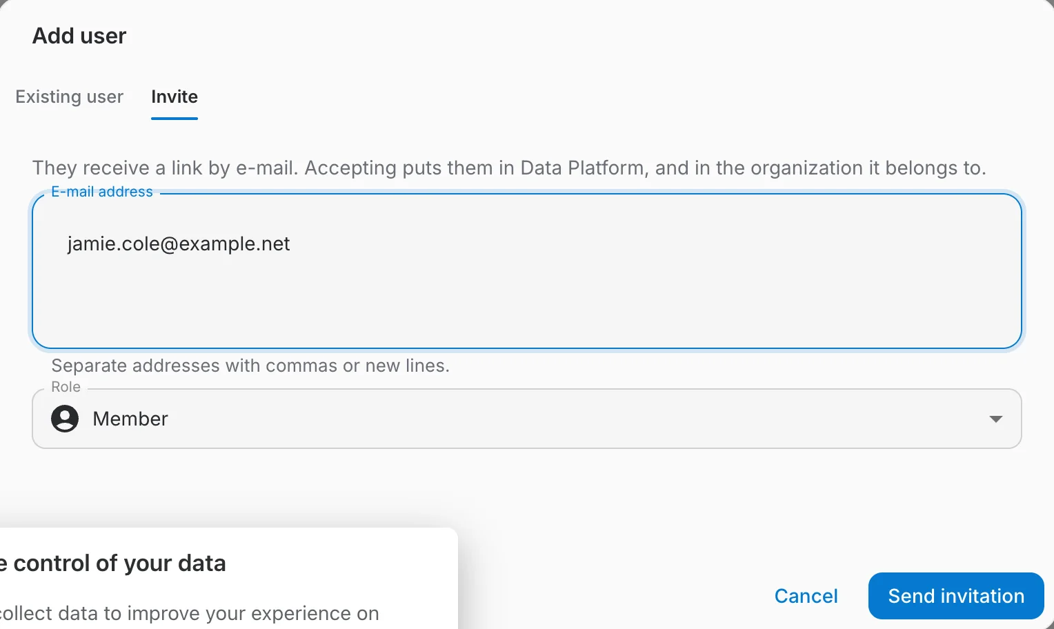 the Invite tab of a team's Add user dialog