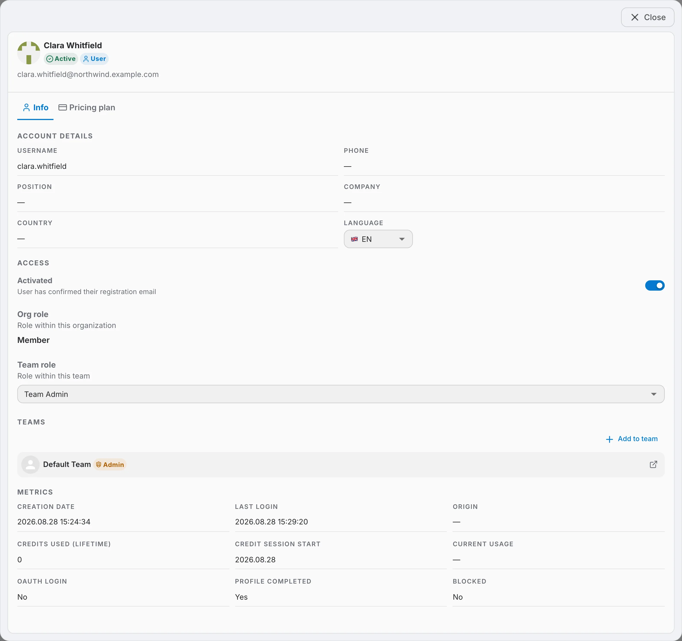 the member details card, Info tab: account details, access with the read-only org role and the editable team role, teams, and metrics