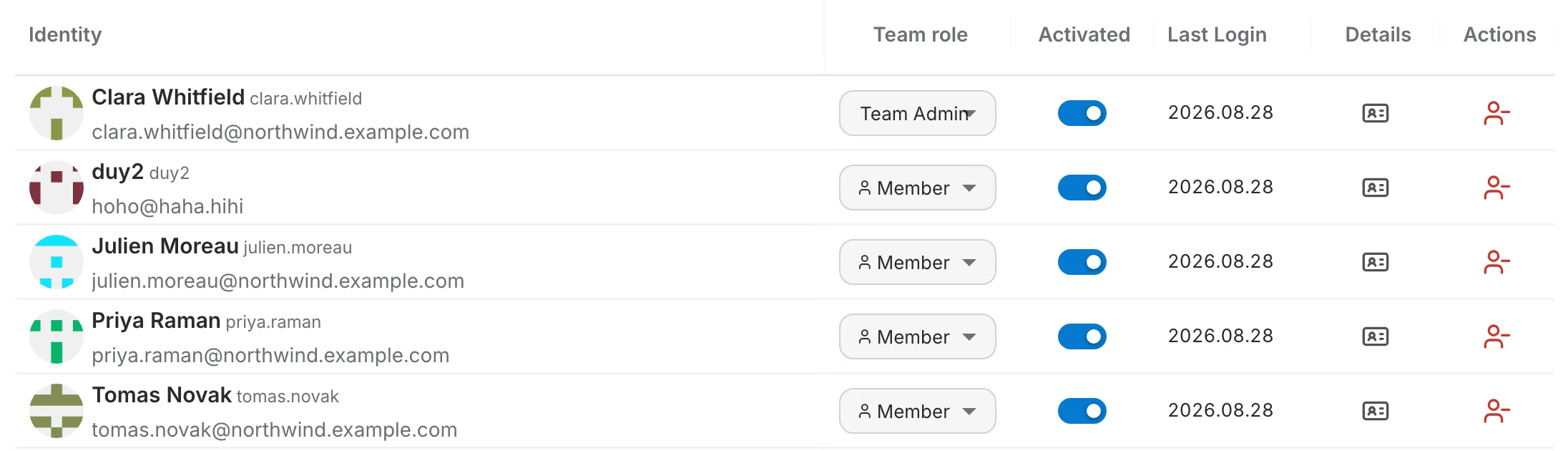 the team members table: Identity, Team role, Activated, Last Login, Details and Actions columns