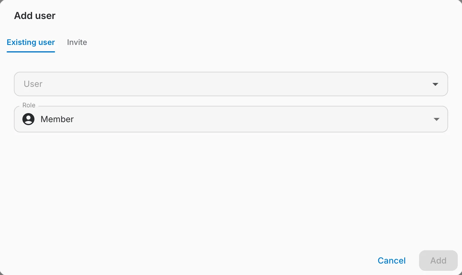 the Existing user tab of the Add user dialog