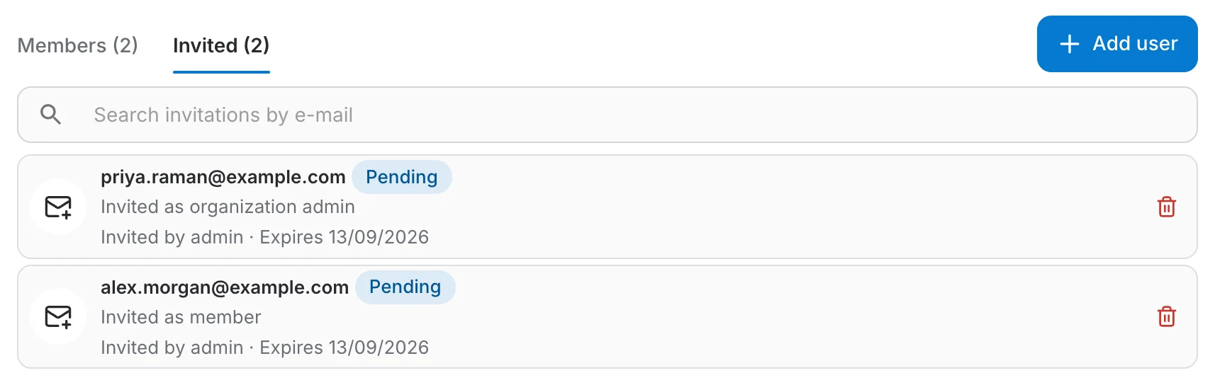 the Invited tab listing two pending invitations