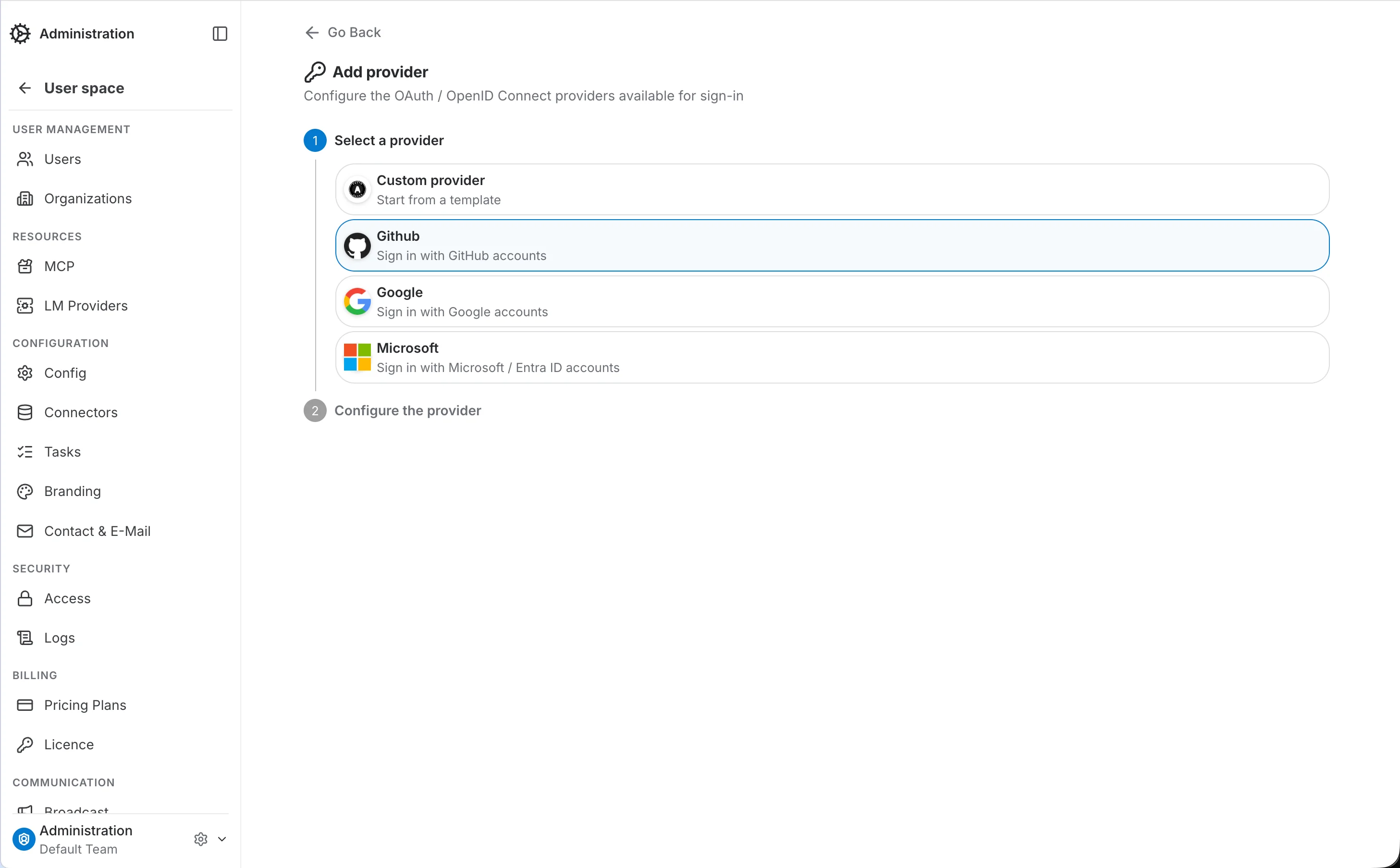 add provider - select a provider template