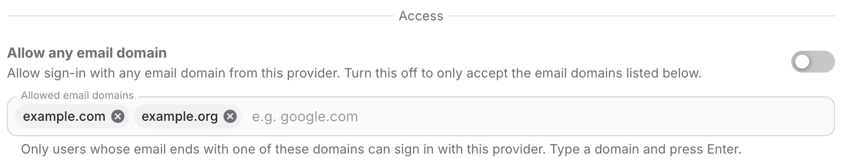 Access section of a provider with Allow any email domain off and two allowed domains listed