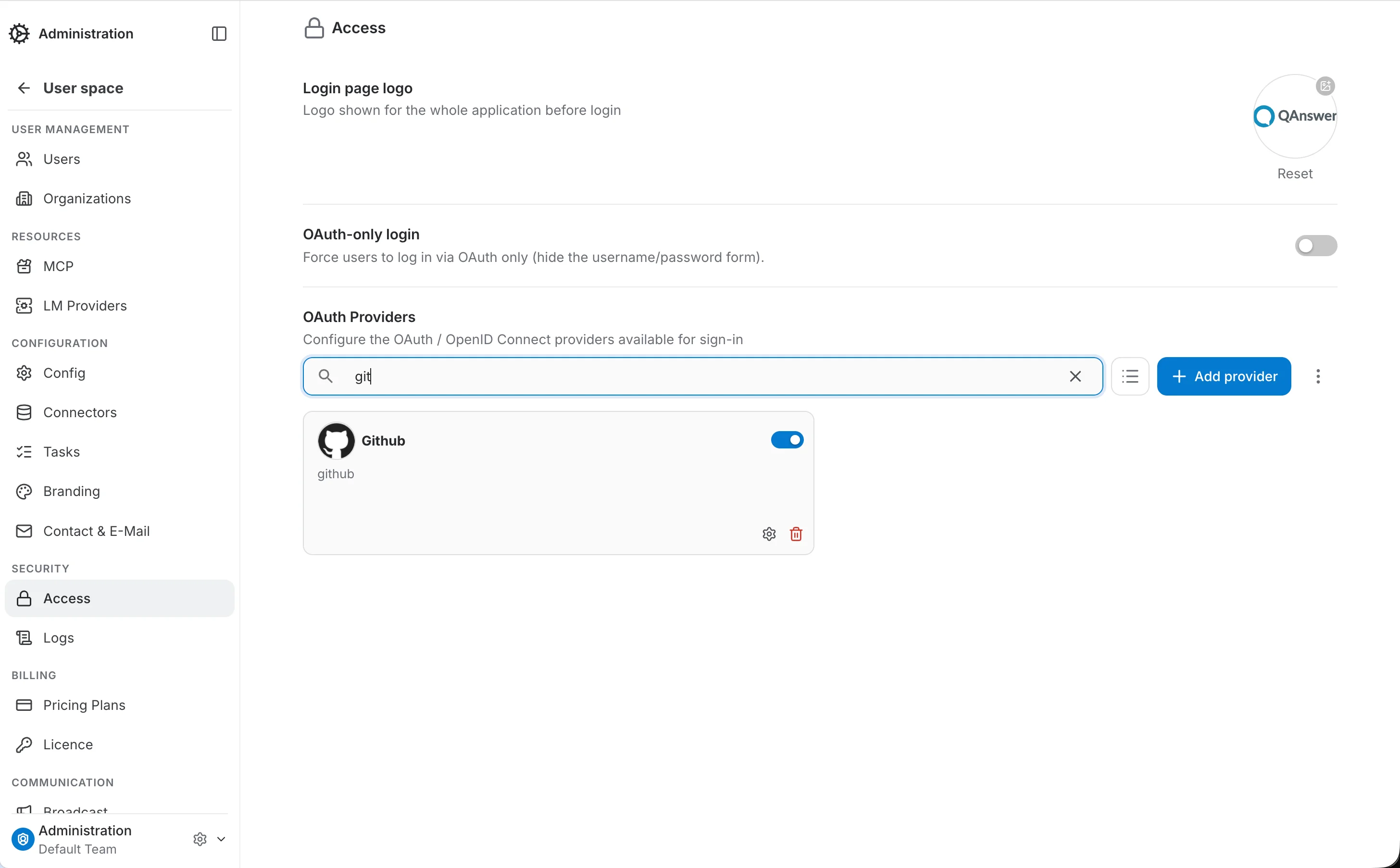 filtering the OAuth provider list by search