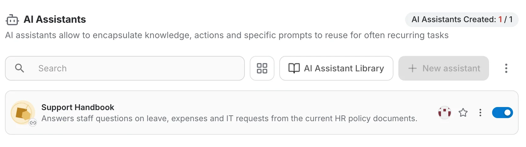 The organization's AI Assistants page: the assistant counter in the header, the toolbar, and an assistant row with its owner badge and Active toggle