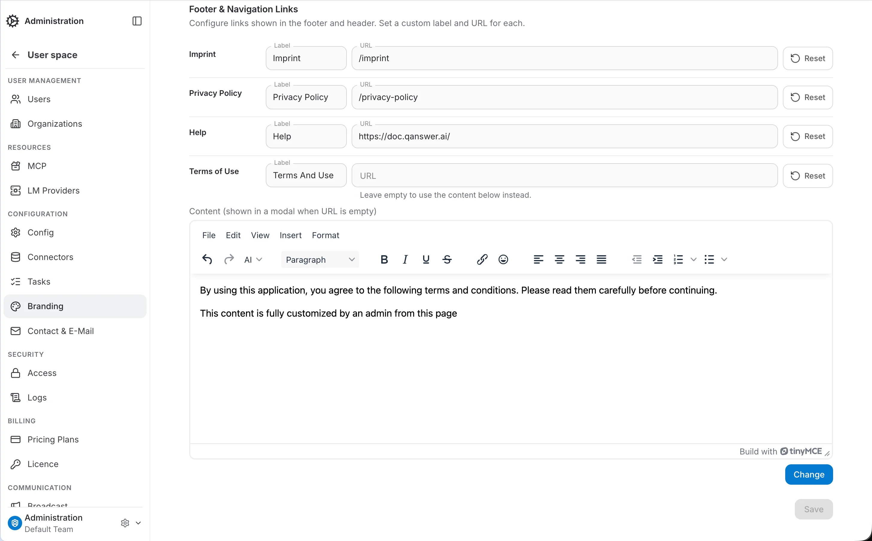 terms of use content editor, shown when the URL field is empty