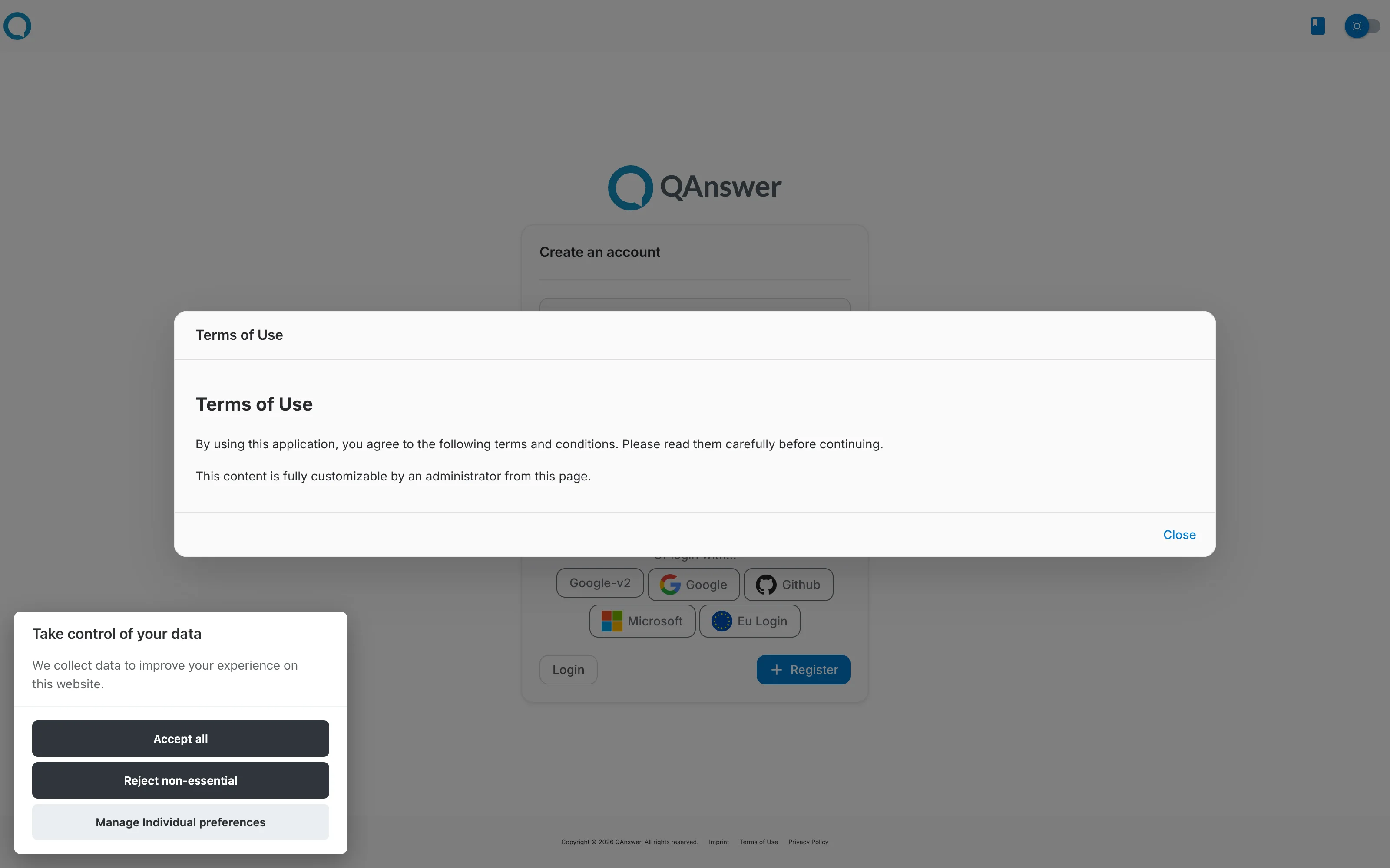 the terms of use content rendered in a modal on the login page