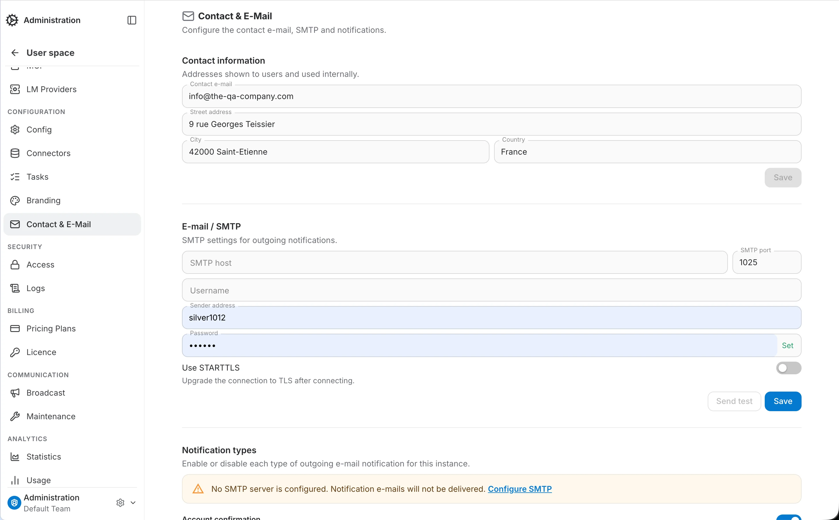 contact & e-mail settings page overview