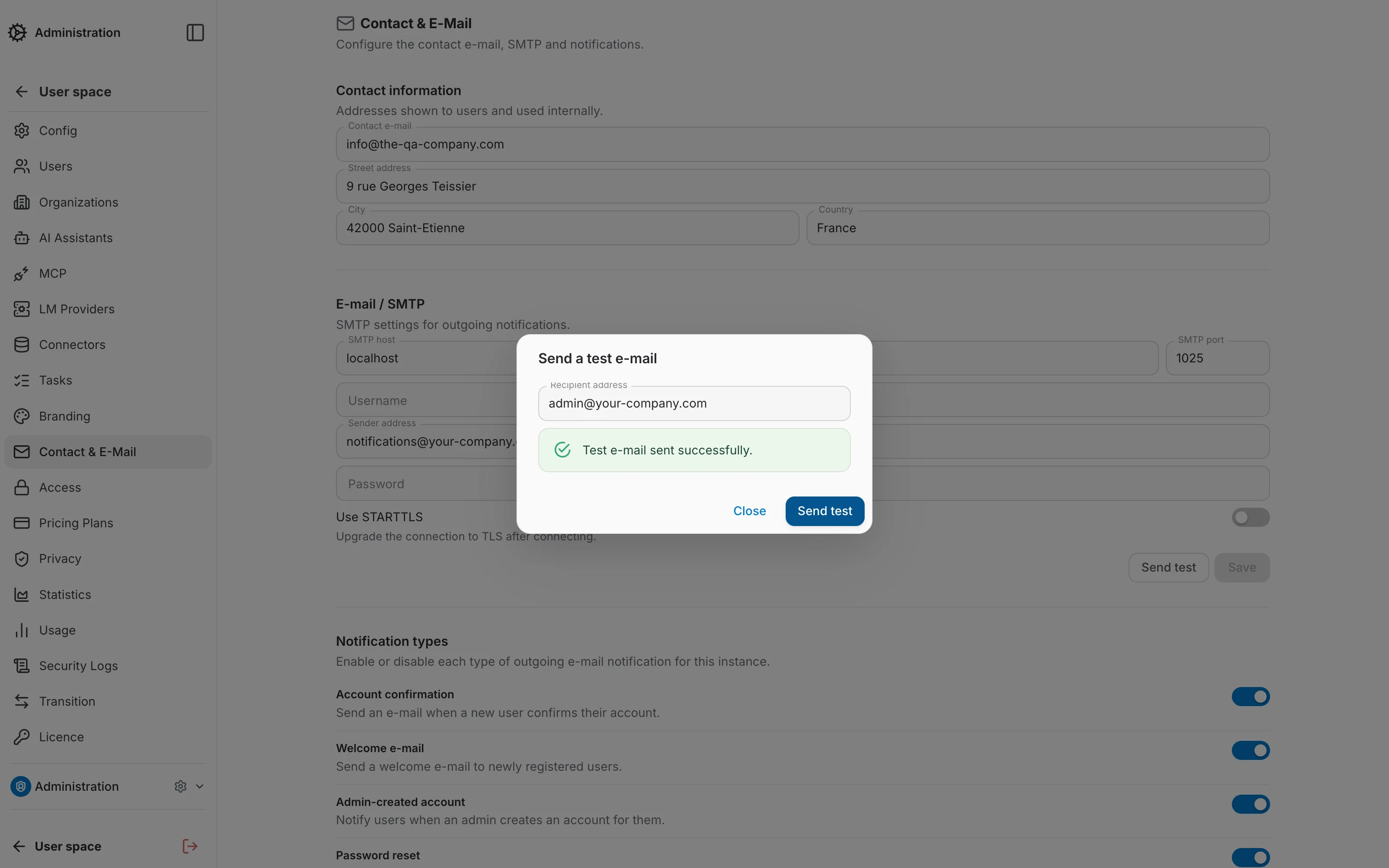 send a test e-mail dialog, showing a success result