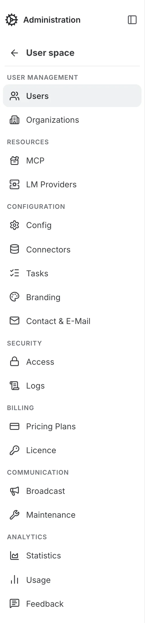 the sidebar of the Admin Panel, grouped by area