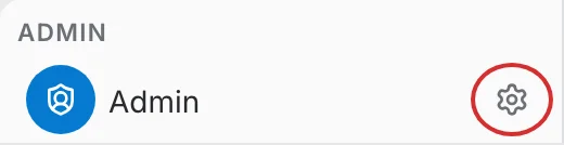 the Admin entry of the workspace panel, with its settings button circled