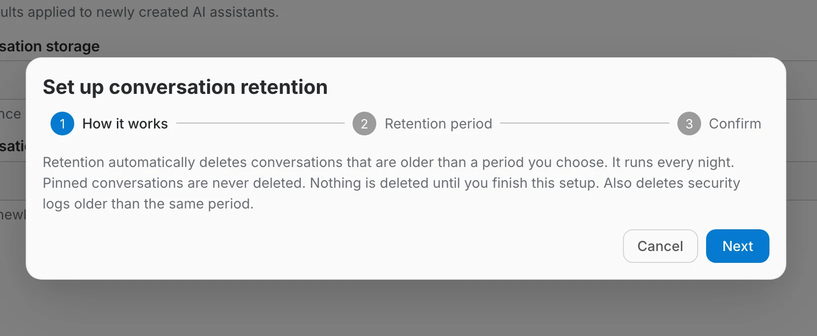 Step one of the retention setup wizard, explaining how retention works