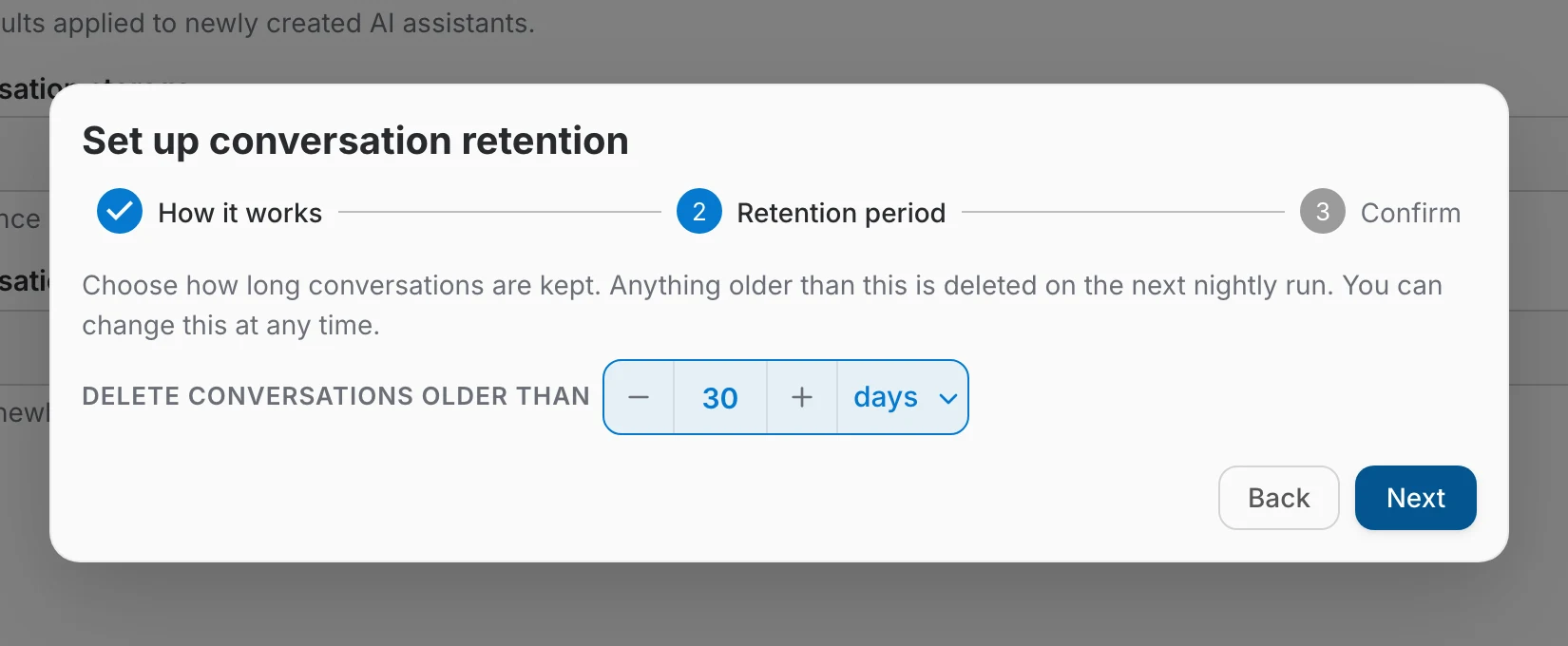 Step two of the retention setup wizard, choosing the retention period