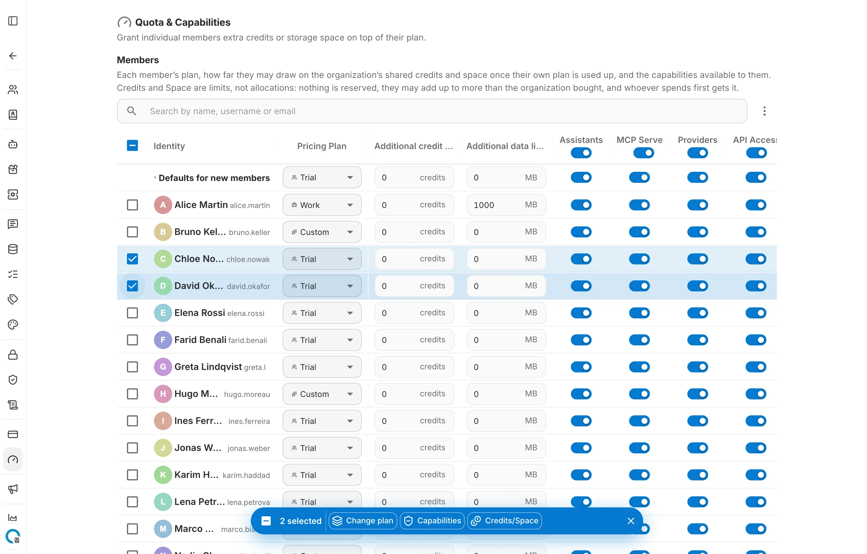 Selection mode with two members ticked and the batch action bar at the bottom
