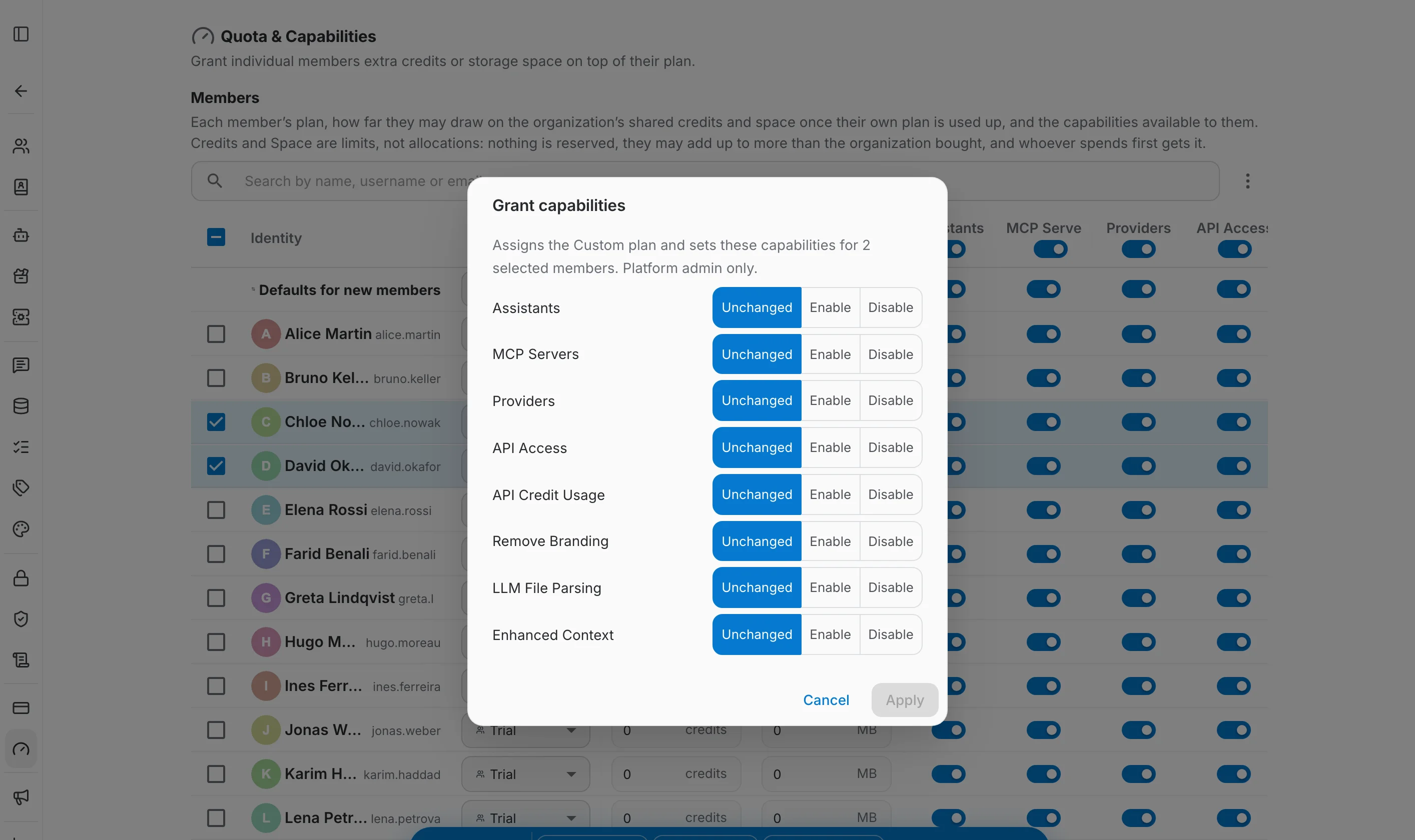 Grant capabilities dialog with an Unchanged / Enable / Disable choice per capability
