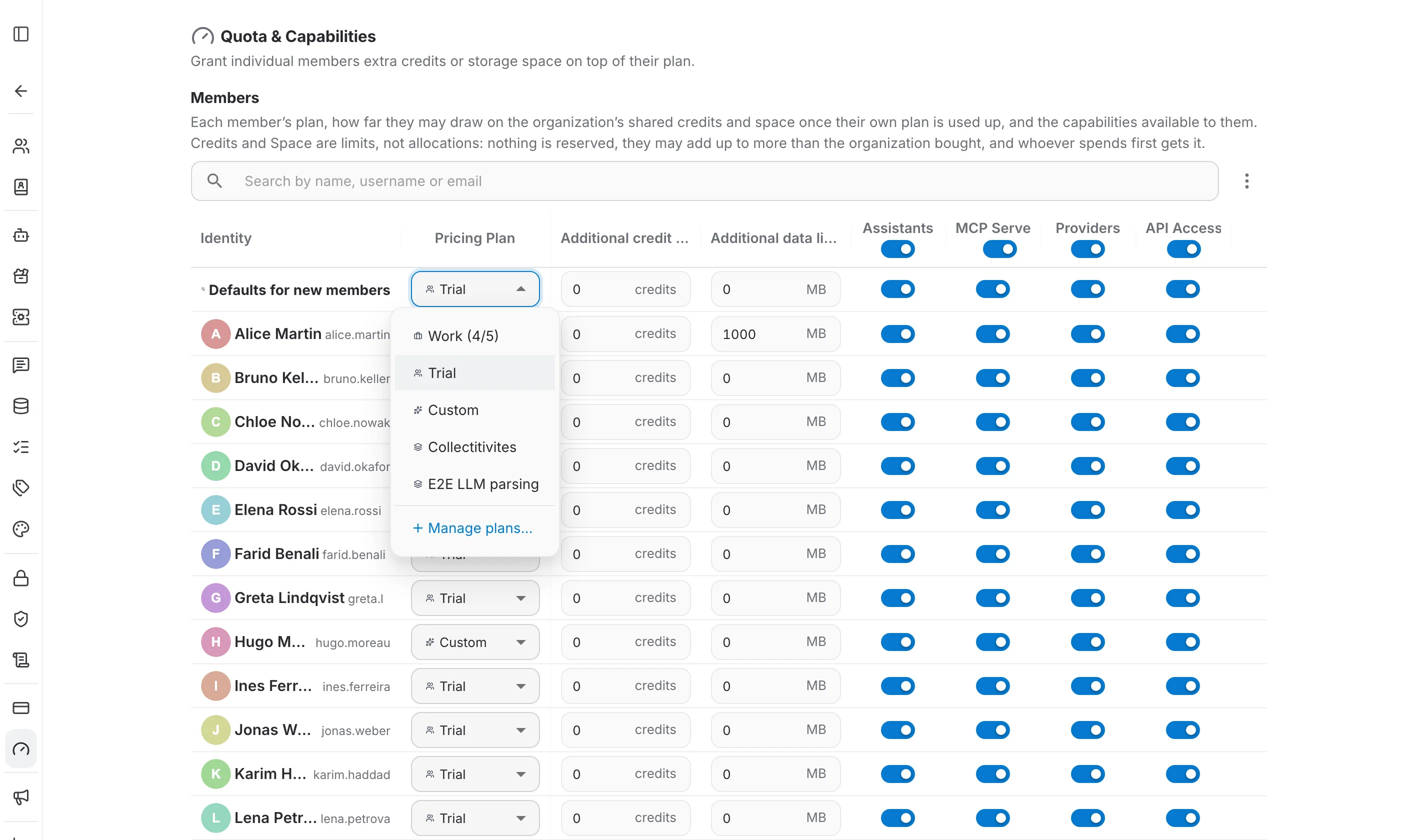 Pricing plan dropdown showing the available plans, their seat usage and the Manage plans link