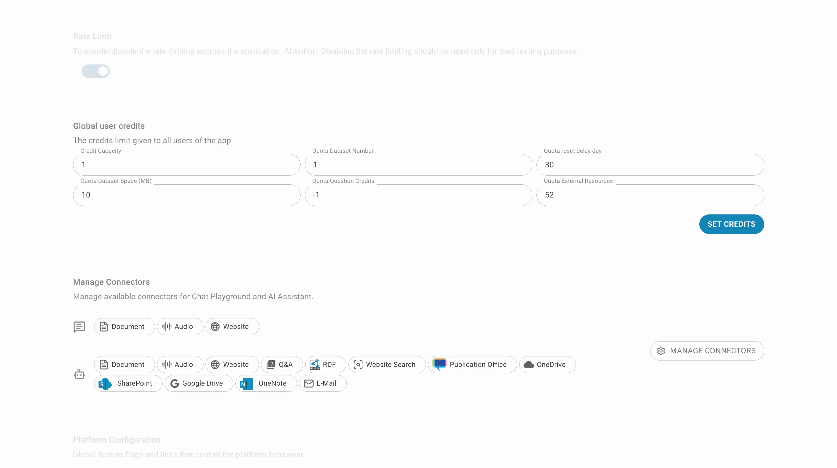 admin config global user credits