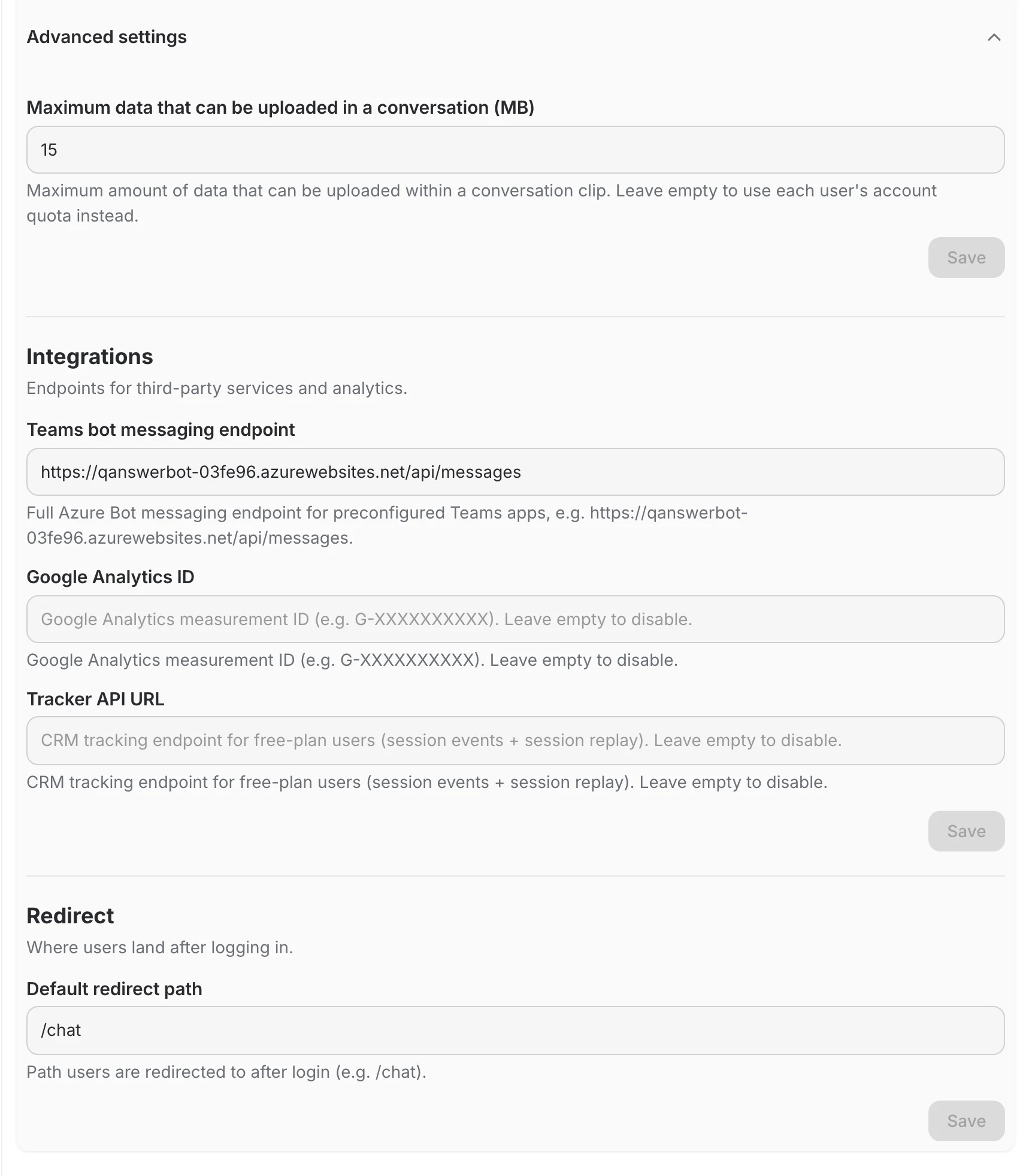 Advanced settings expanded: conversation upload limit, Integrations and Redirect