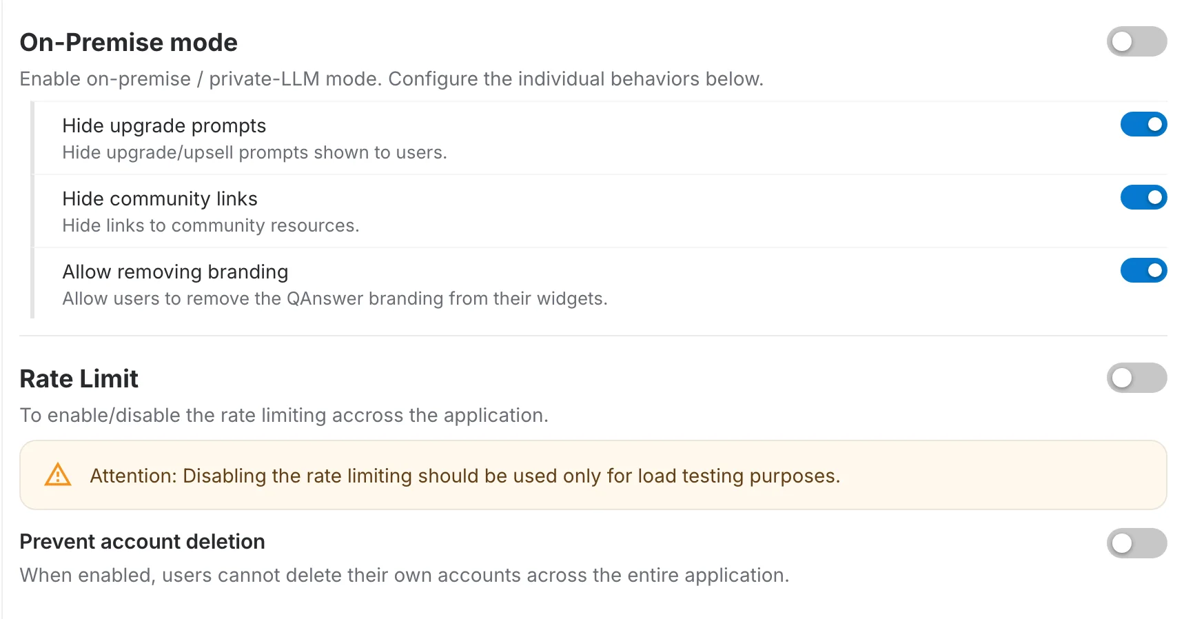 Config page: On-Premise mode with its nested switches, Rate Limit and Prevent account deletion