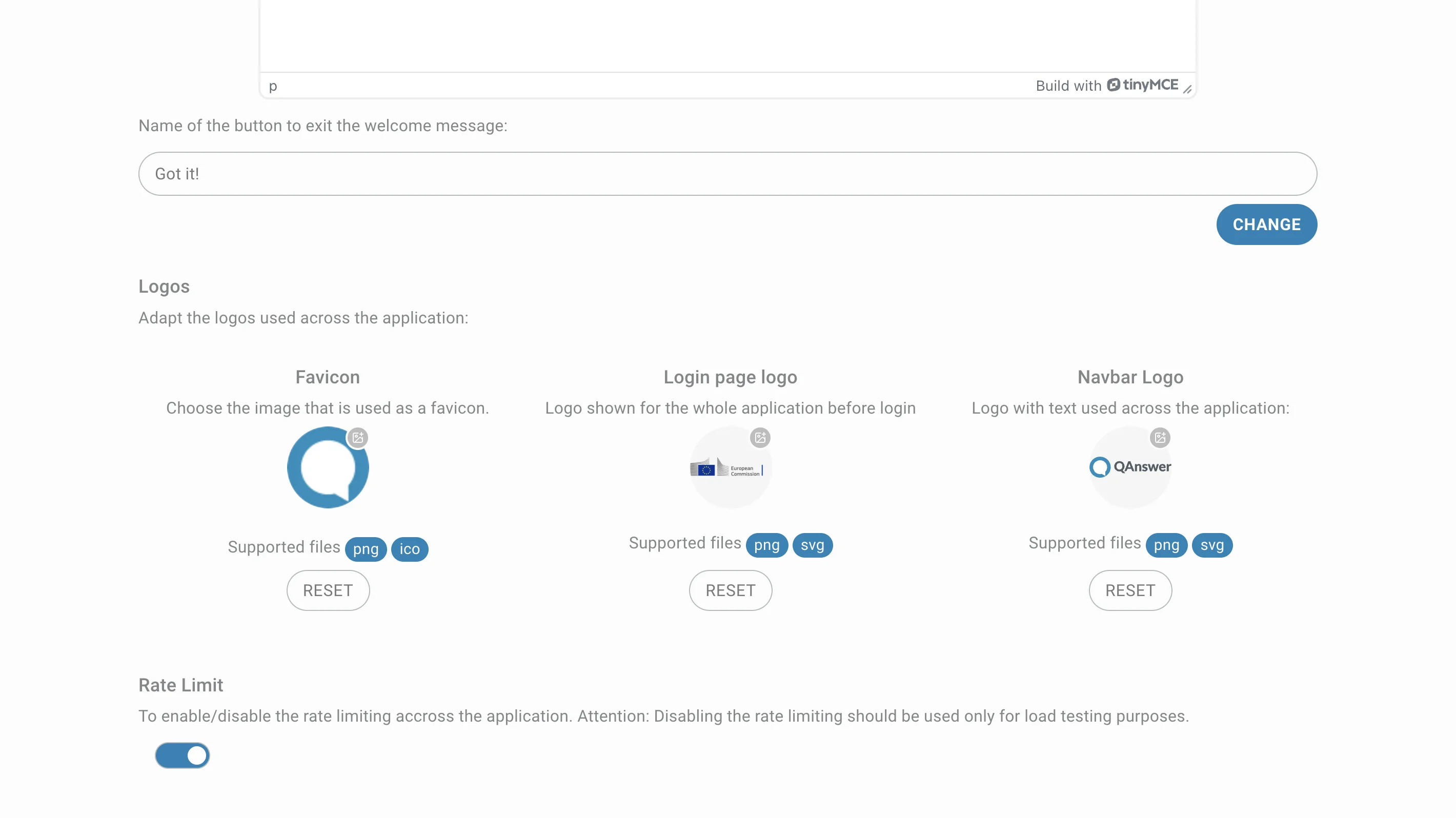 admin config logos and rate limit