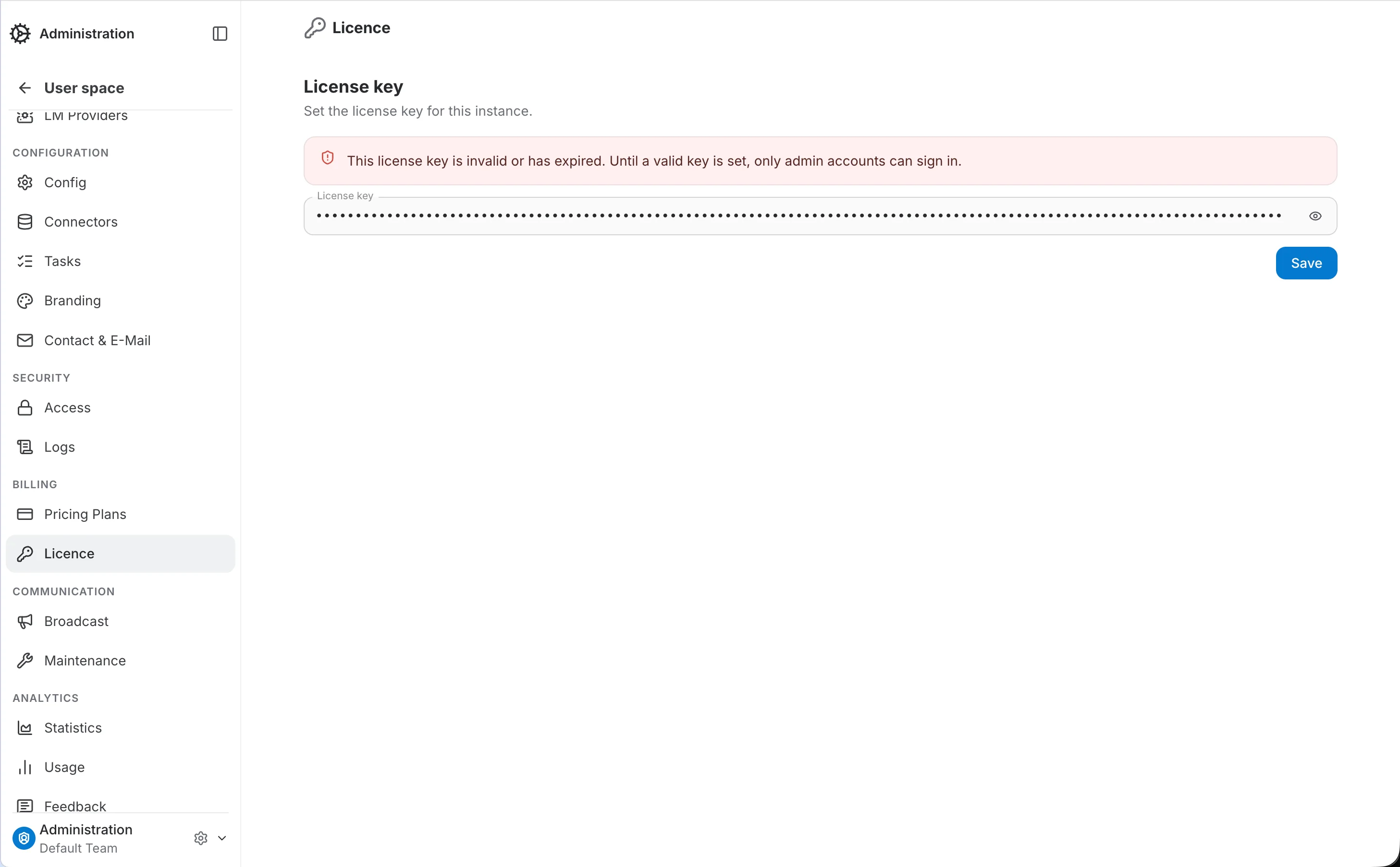 admin licence page with an invalid or expired license key