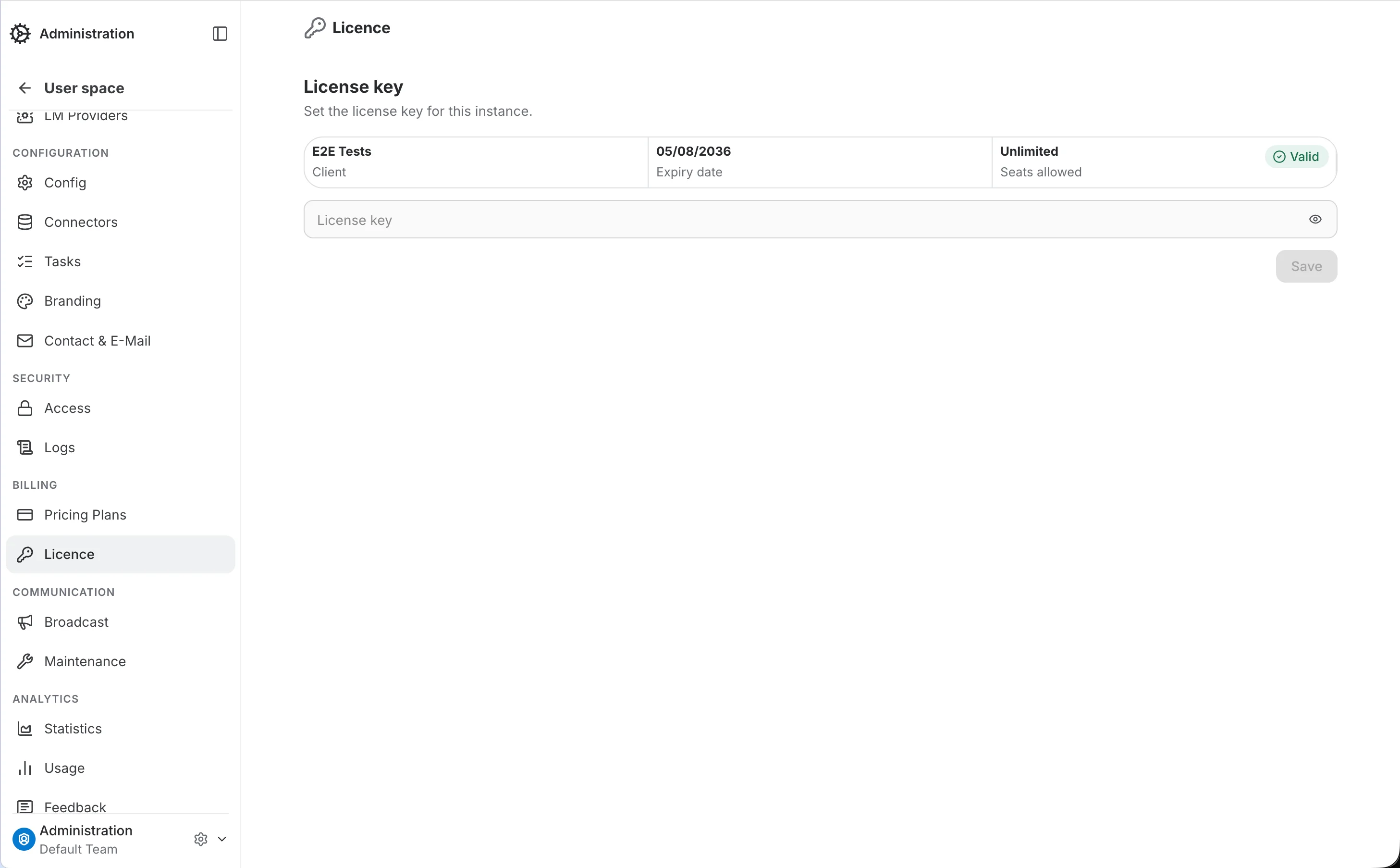 admin licence page with no license key configured