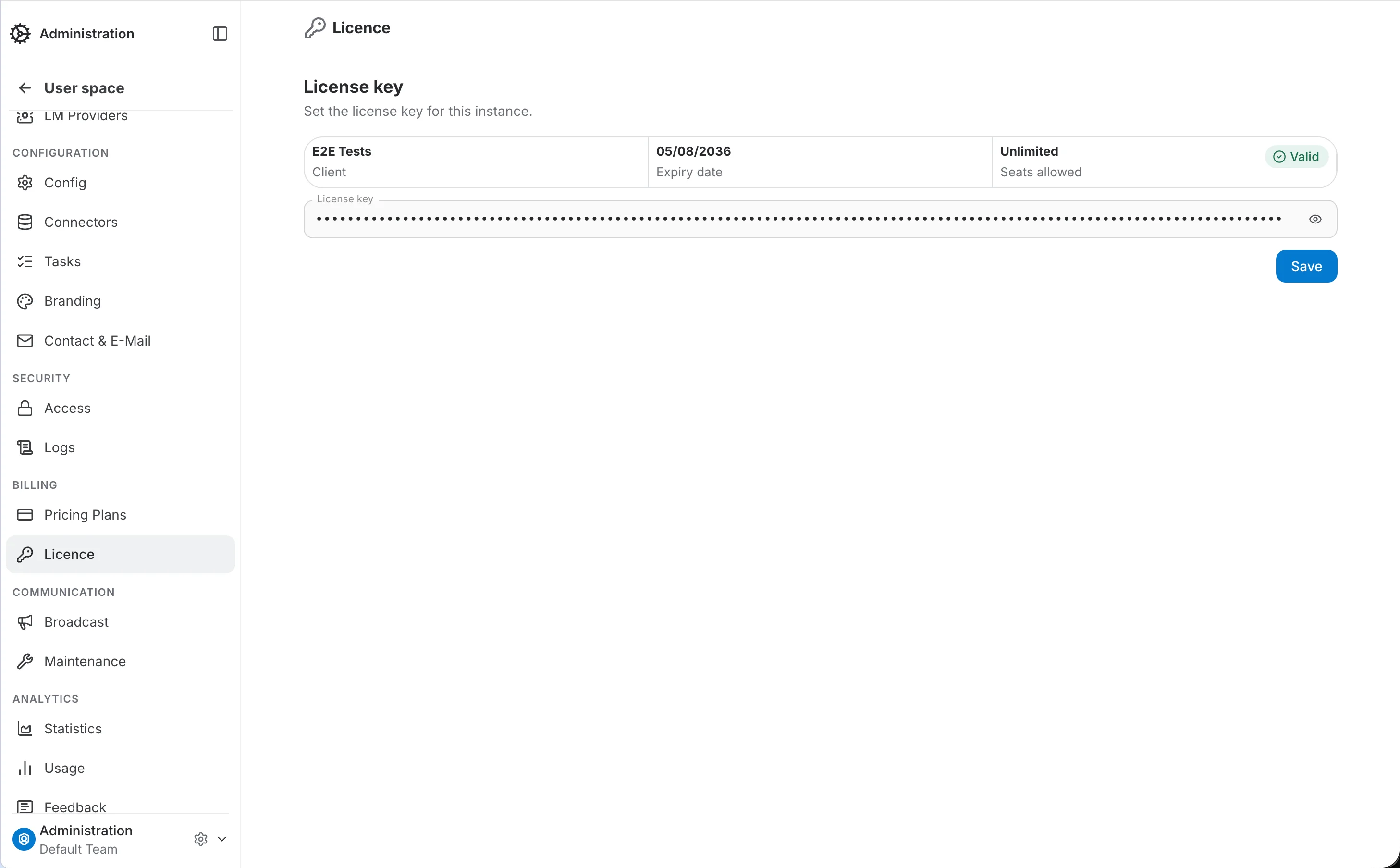 admin licence page with a valid license configured