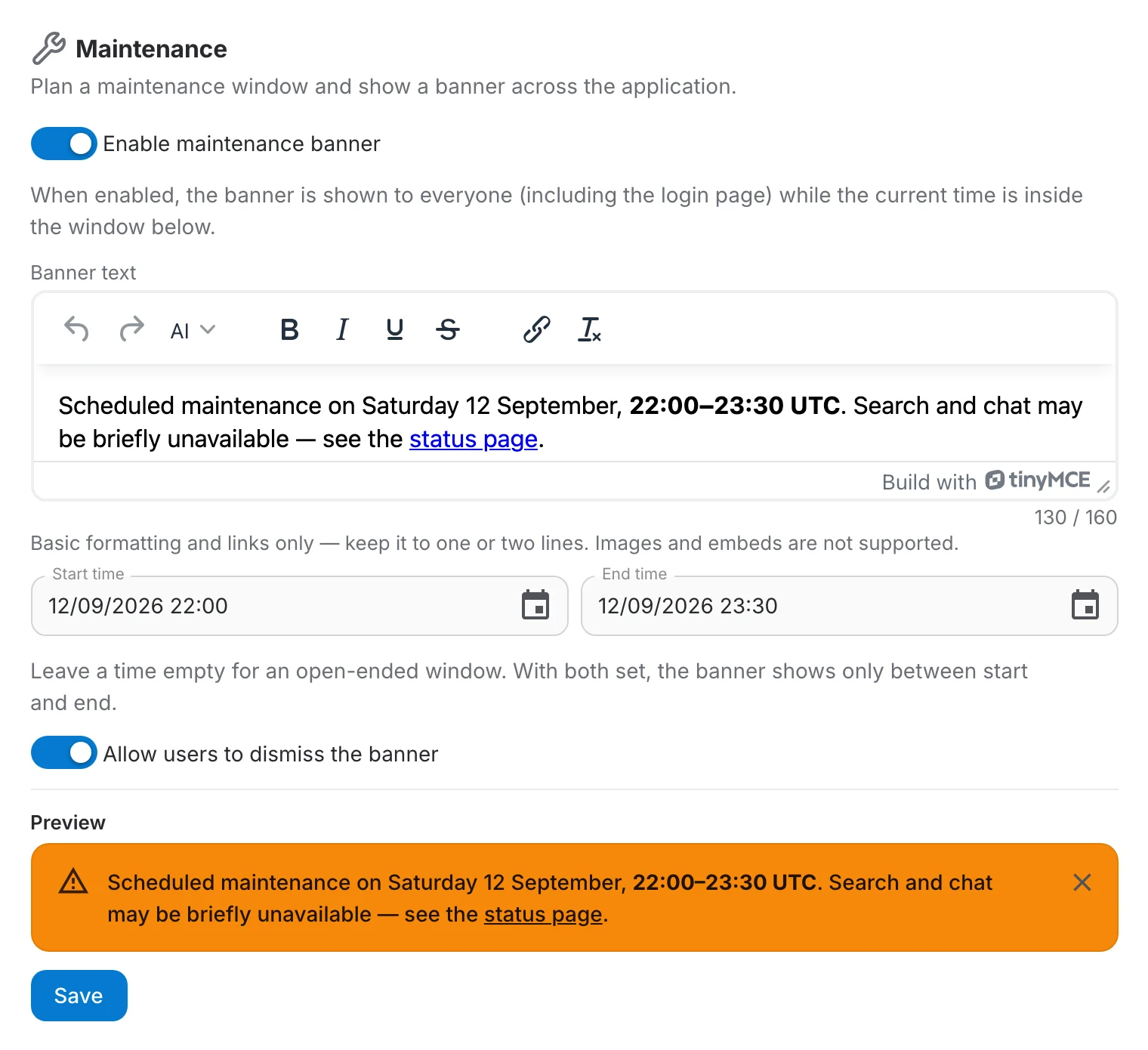 admin maintenance configuration page