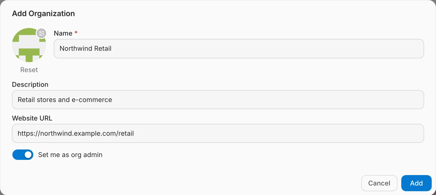 Add Organization dialog