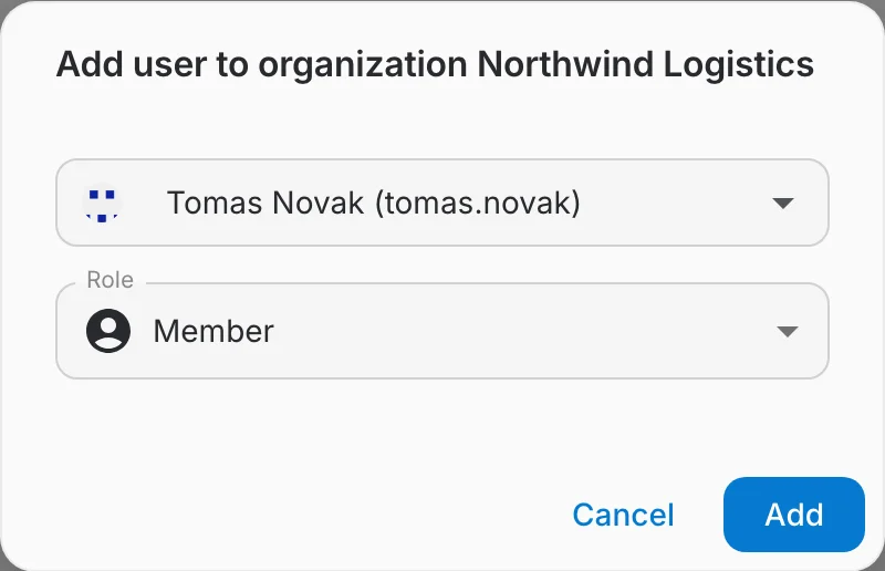 add user to organization dialog with a user picked and a role selected