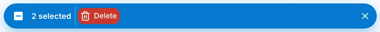 selection bar with the number of selected organizations and a Delete button
