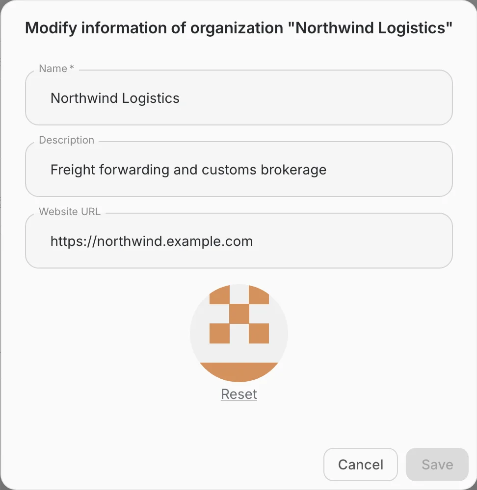 edit organization information dialog