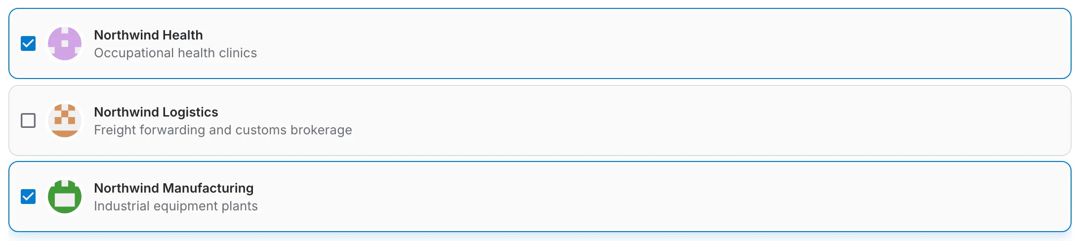 organizations list in select mode with two organizations ticked
