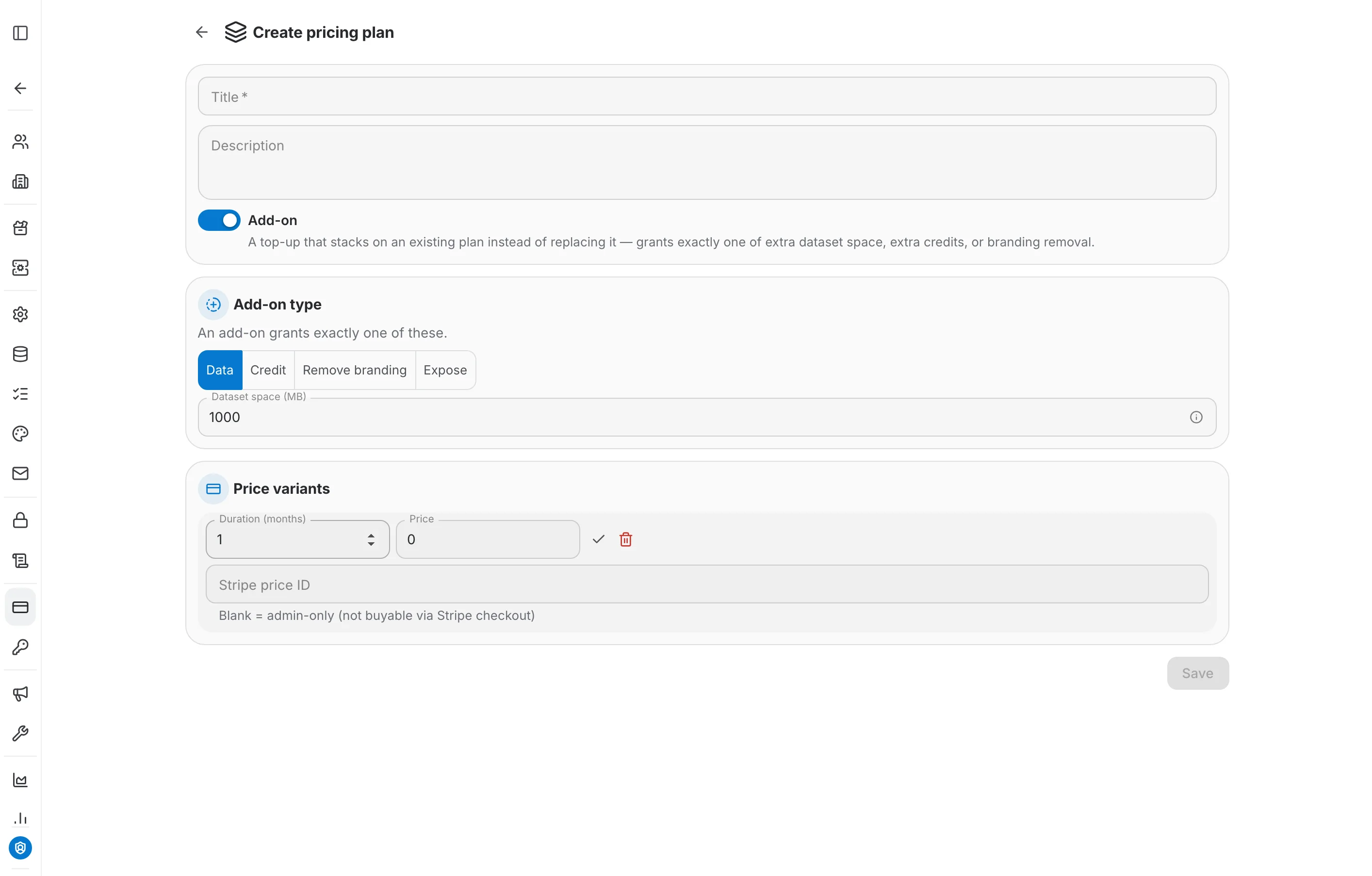 Add-on mode with the add-on type picker and a price variant row