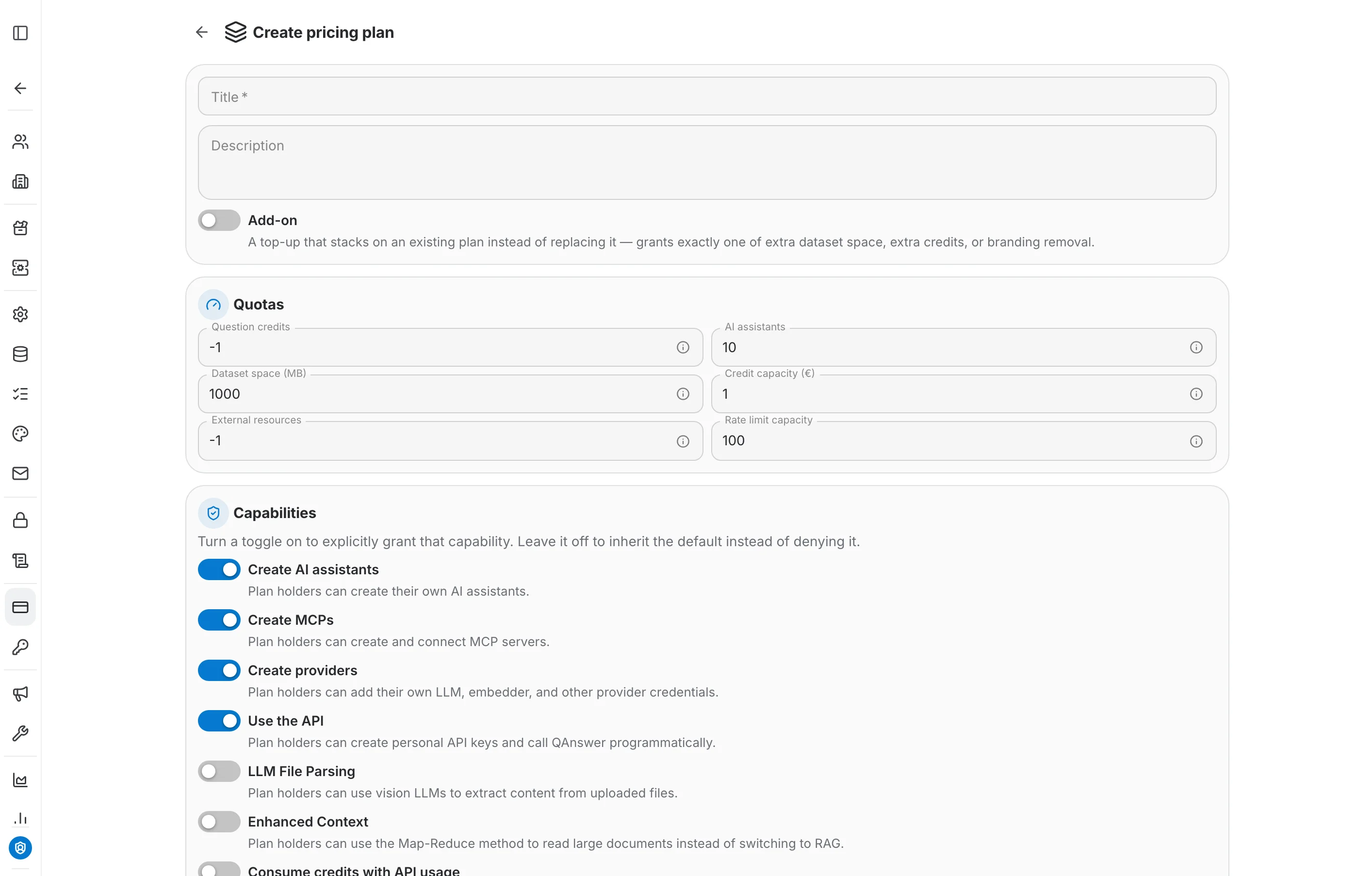 Create pricing plan form with the quotas and capabilities sections