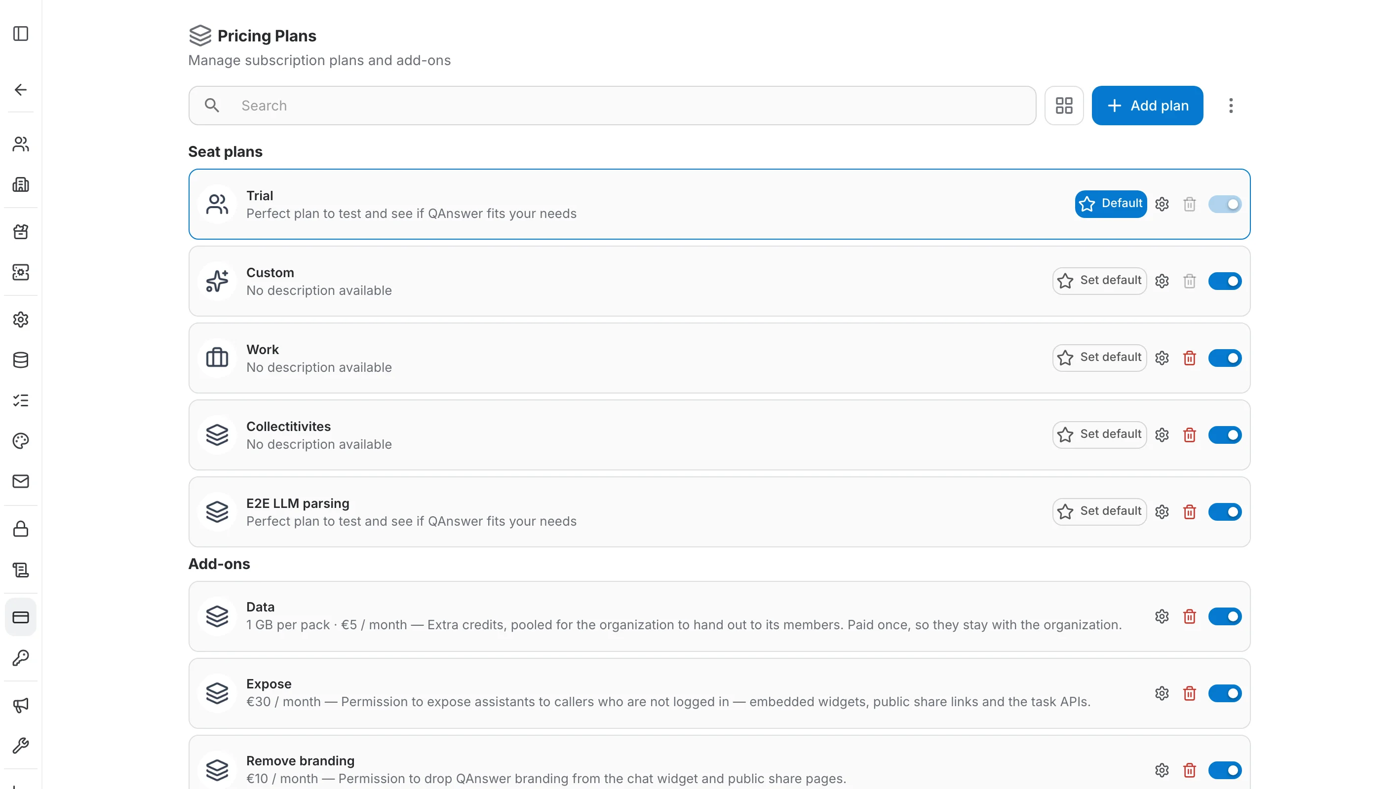 Pricing Plans catalog listing seat plans and add-ons