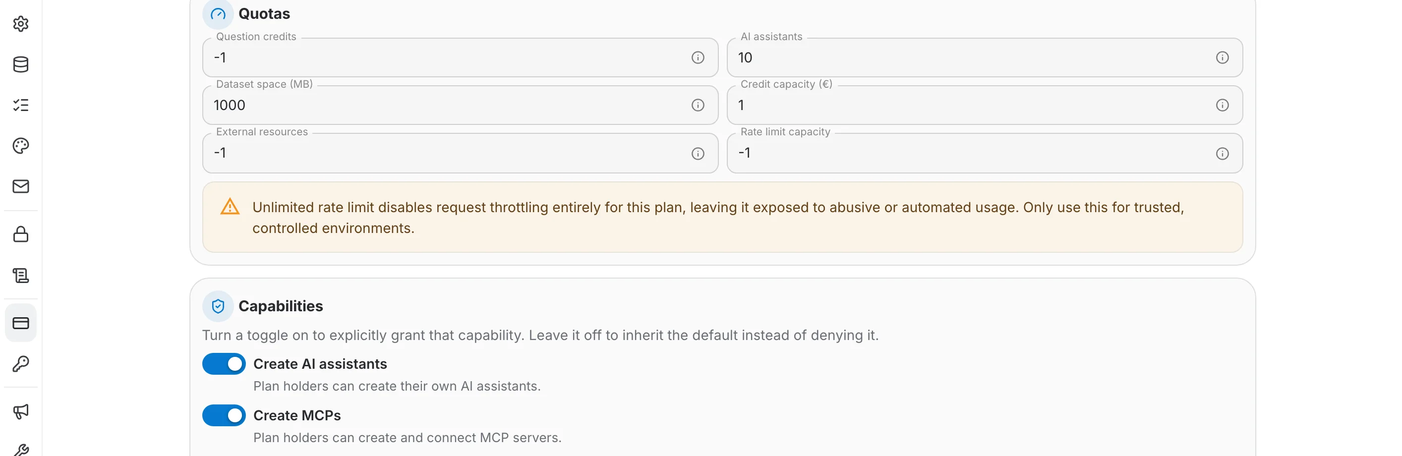 Warning shown when the rate limit capacity is set to -1