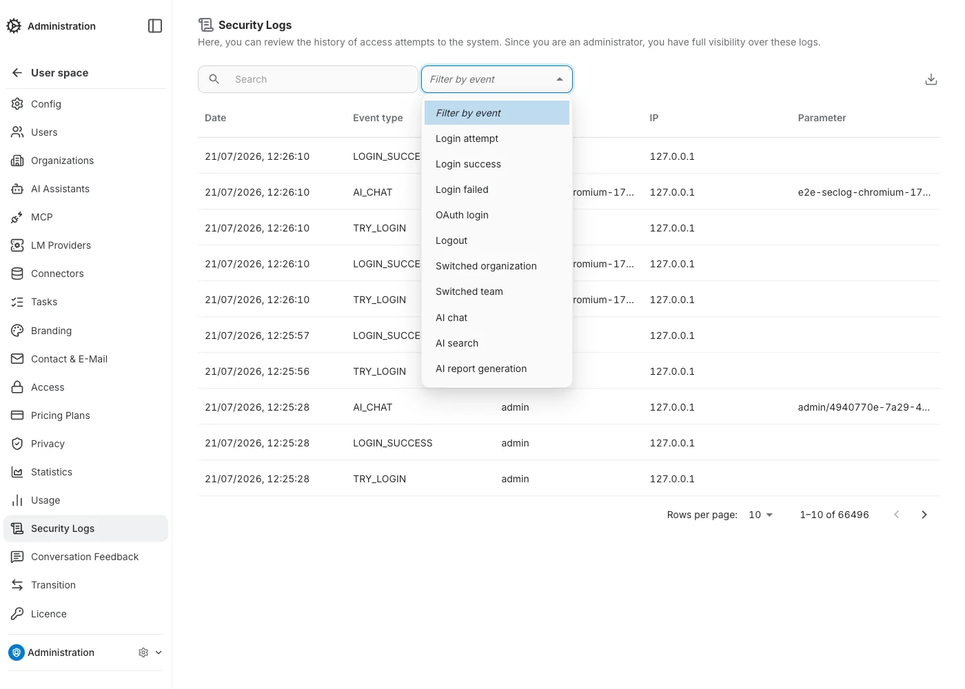 security logs event type filter