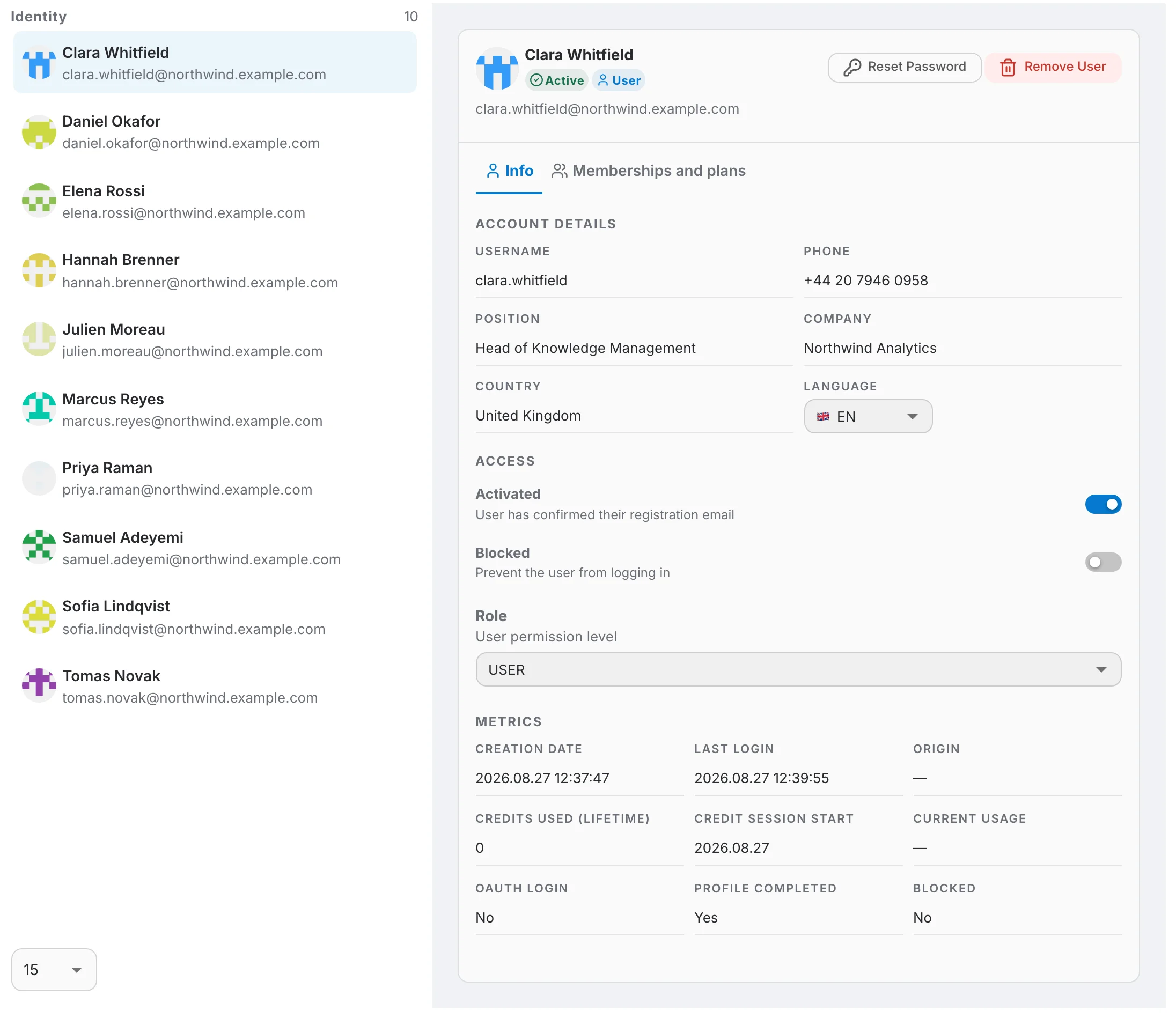 detailed view, user list beside the selected user's card