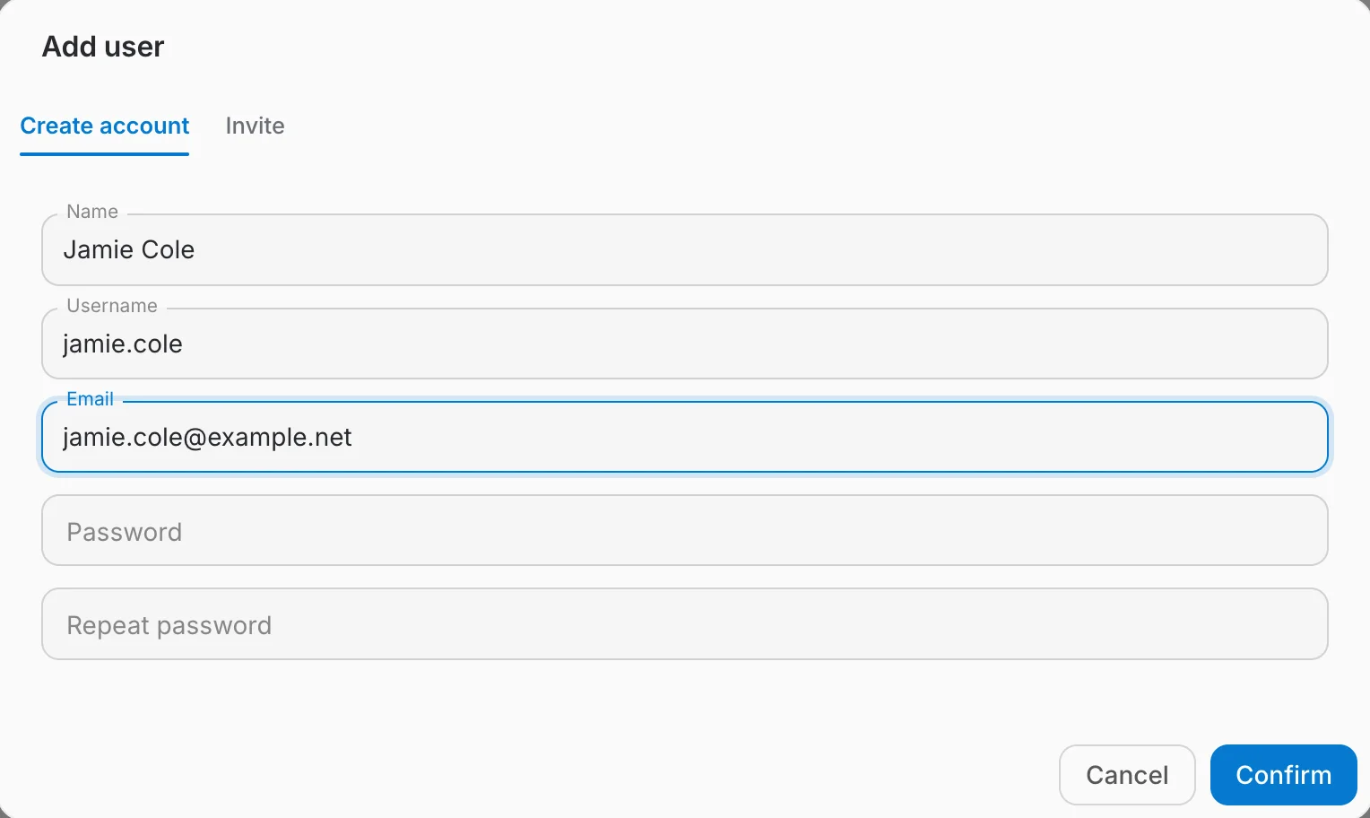 the Create account tab of the Add user dialog