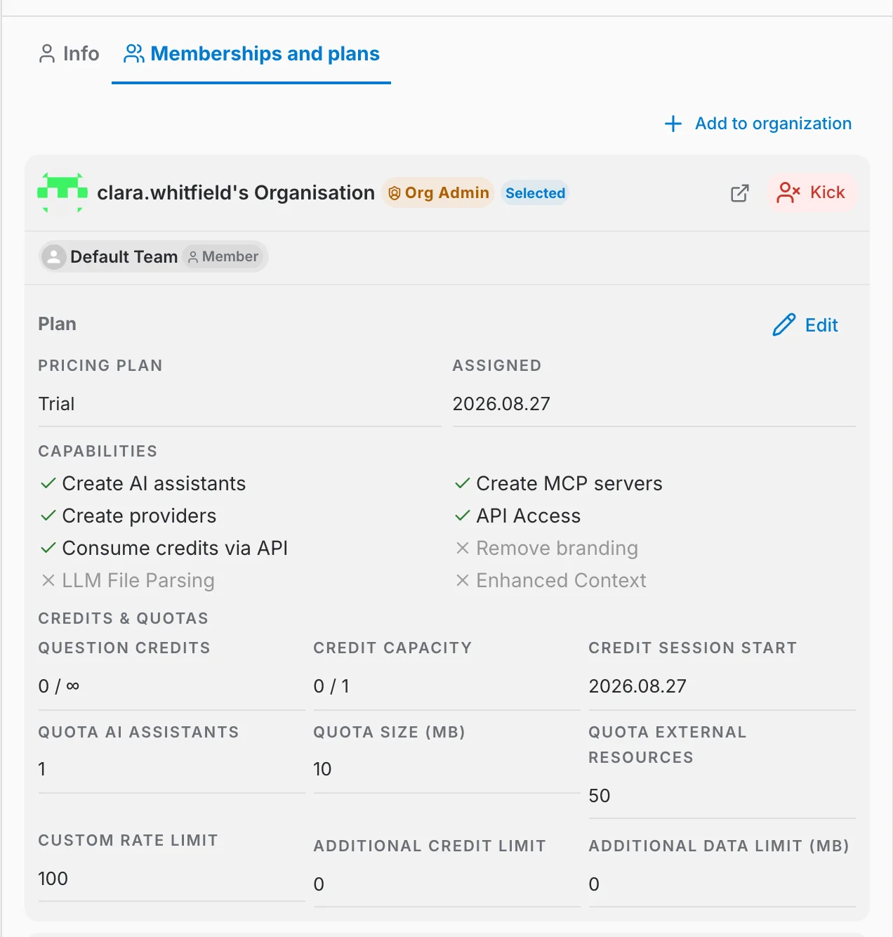 user card, Memberships and plans tab