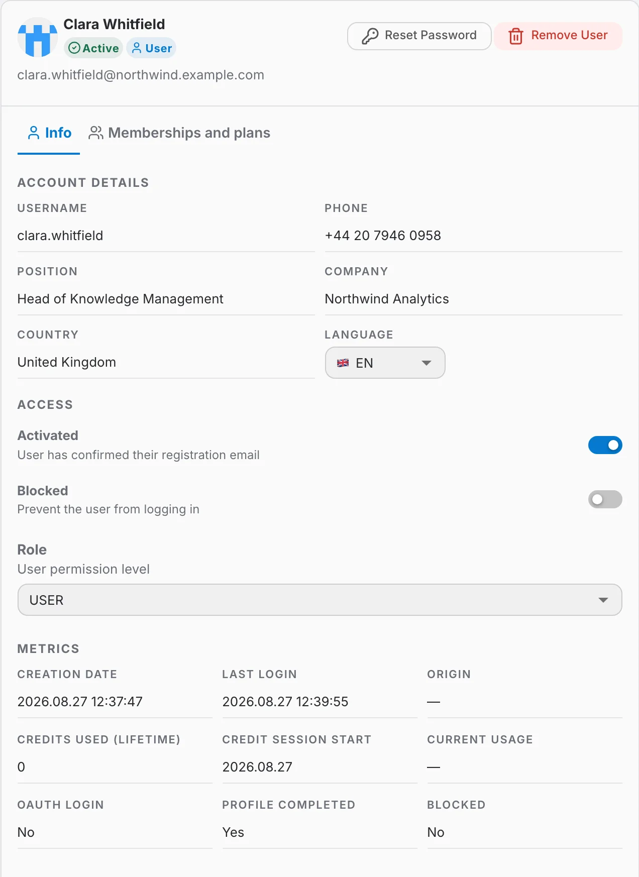 user card, Info tab