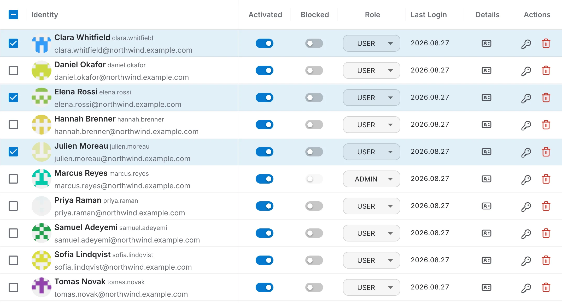 users table in select mode with three users ticked