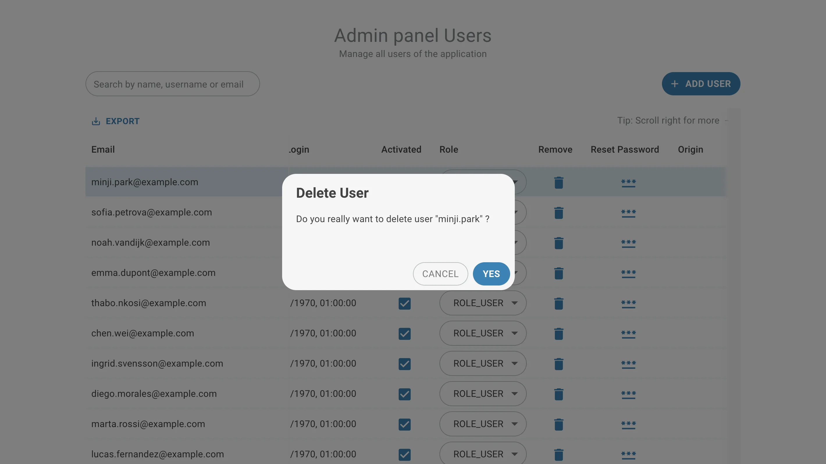 admin page delete user