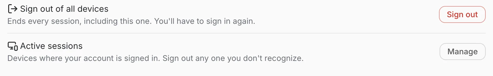 Die Zeilen Sign out of all devices und Active sessions auf der Profilseite