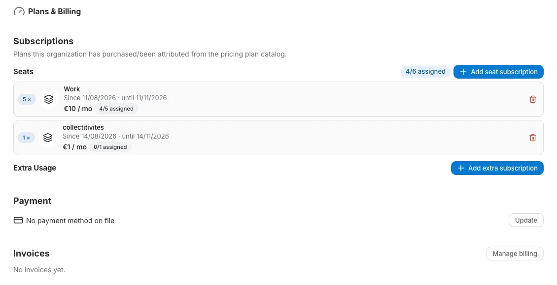 Plans & Billing page in the organization settings