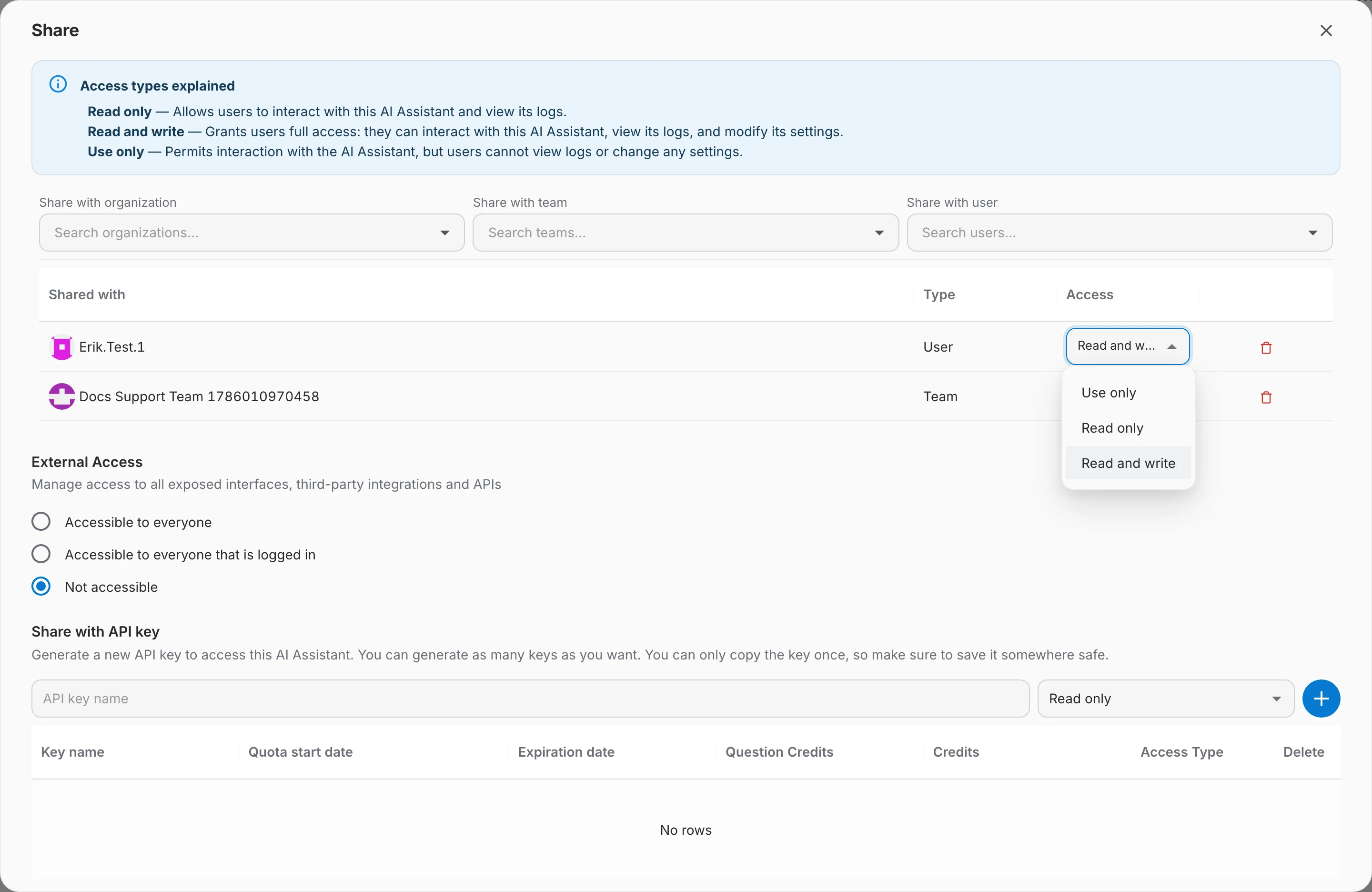 Changing the access level of an existing share