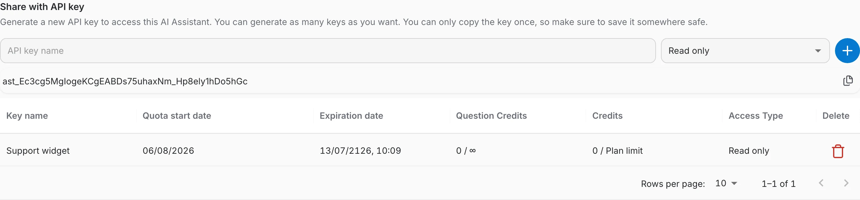 Generating an API key for an AI assistant