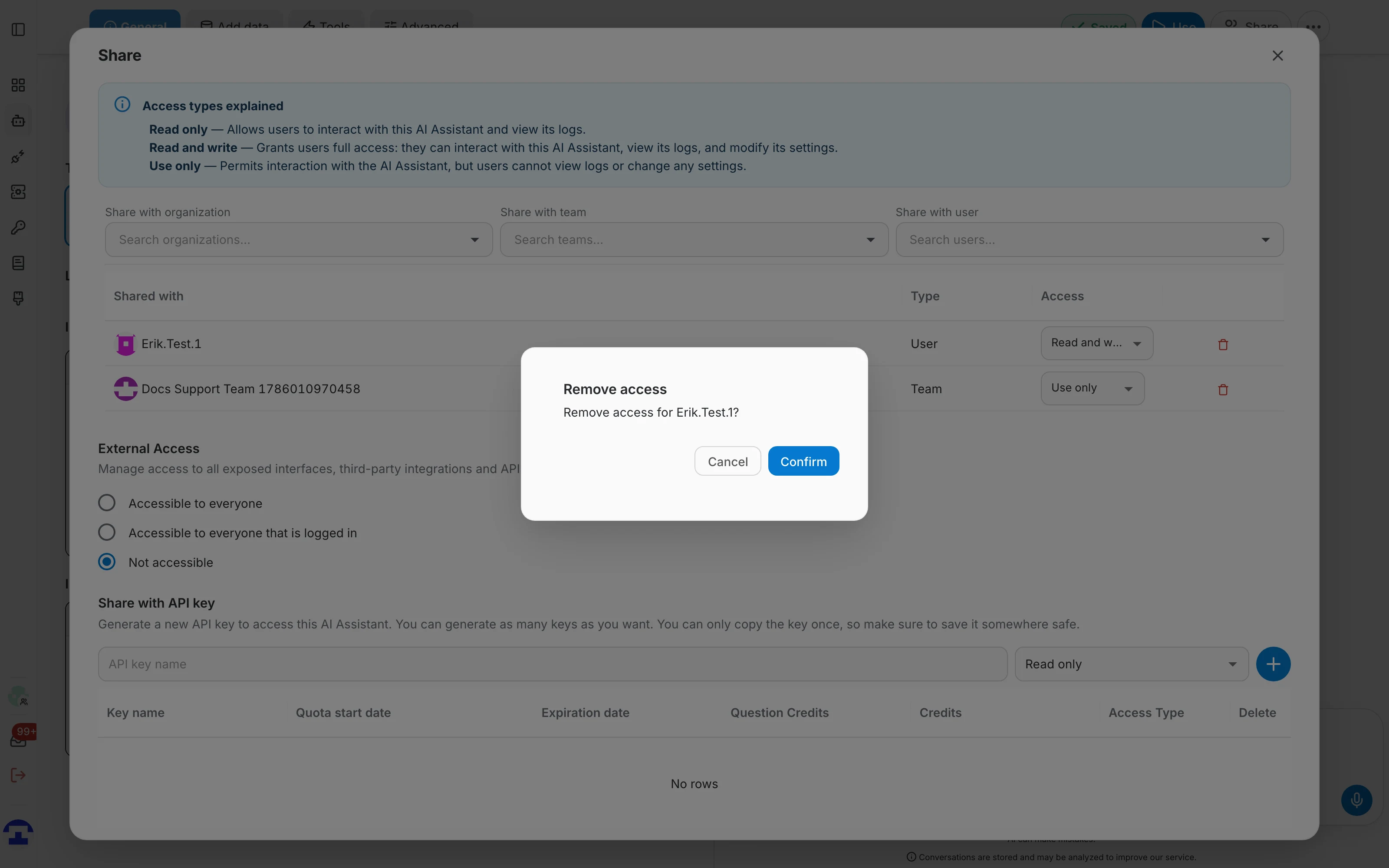 The Remove access confirmation dialog
