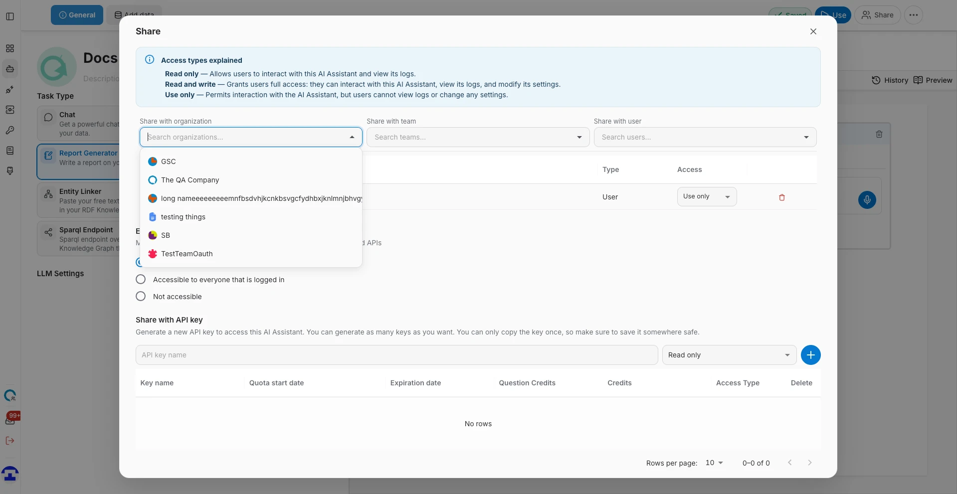 Searching for an organization in the Share dialog